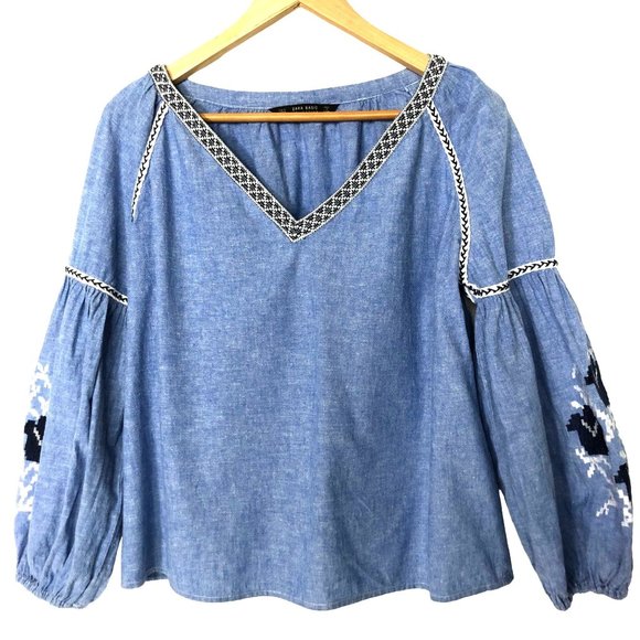 ZARA Blue V-Neck Embroidered Loose Fit Long Sleeve Blouse Size M - Picture 1 of 12